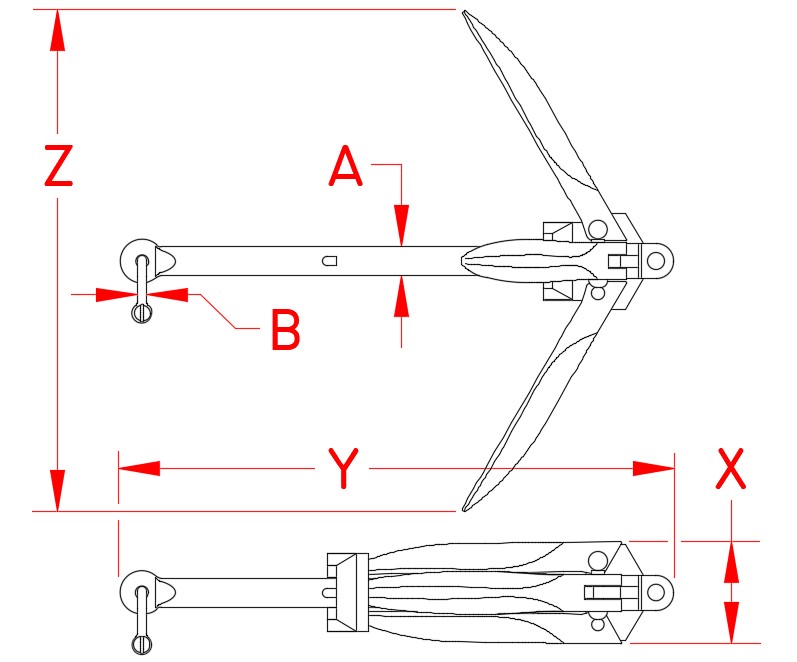 Cast Iron Grapnel Folding Anchor, G8001-MK, Line Drawing